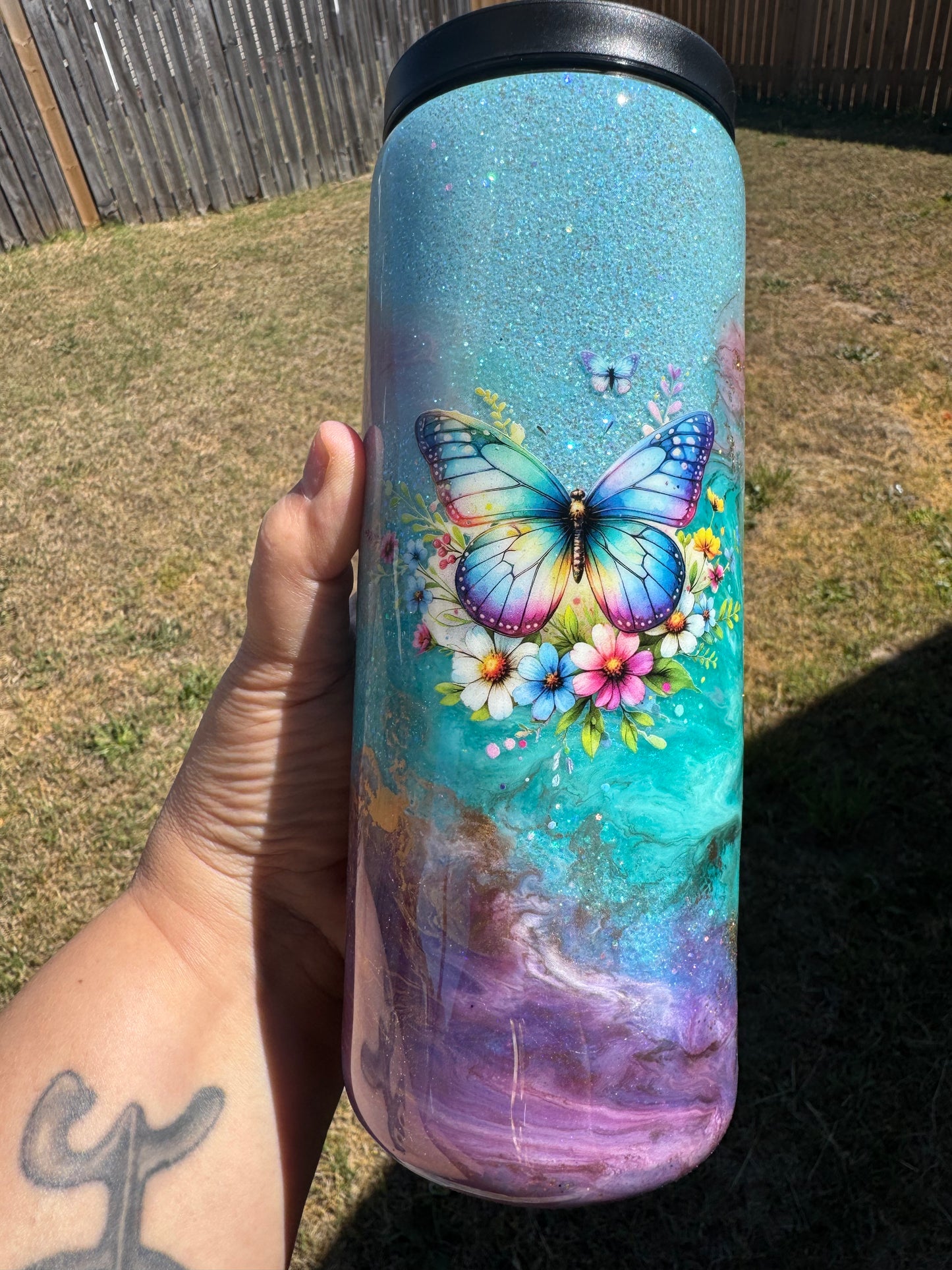 25 oz Butterfly Marble Clouds Glitter Tumbler