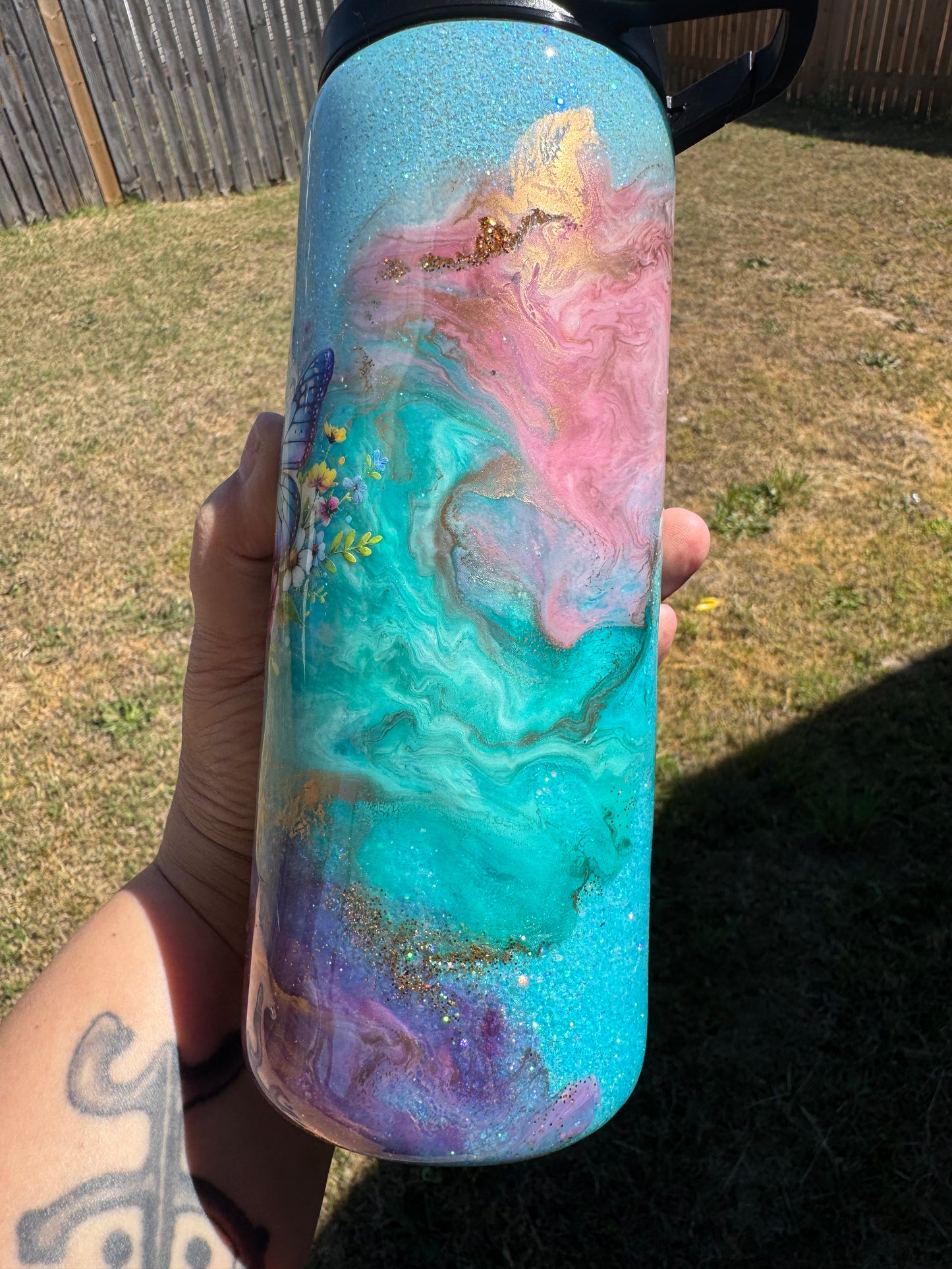 25 oz Butterfly Marble Clouds Glitter Tumbler